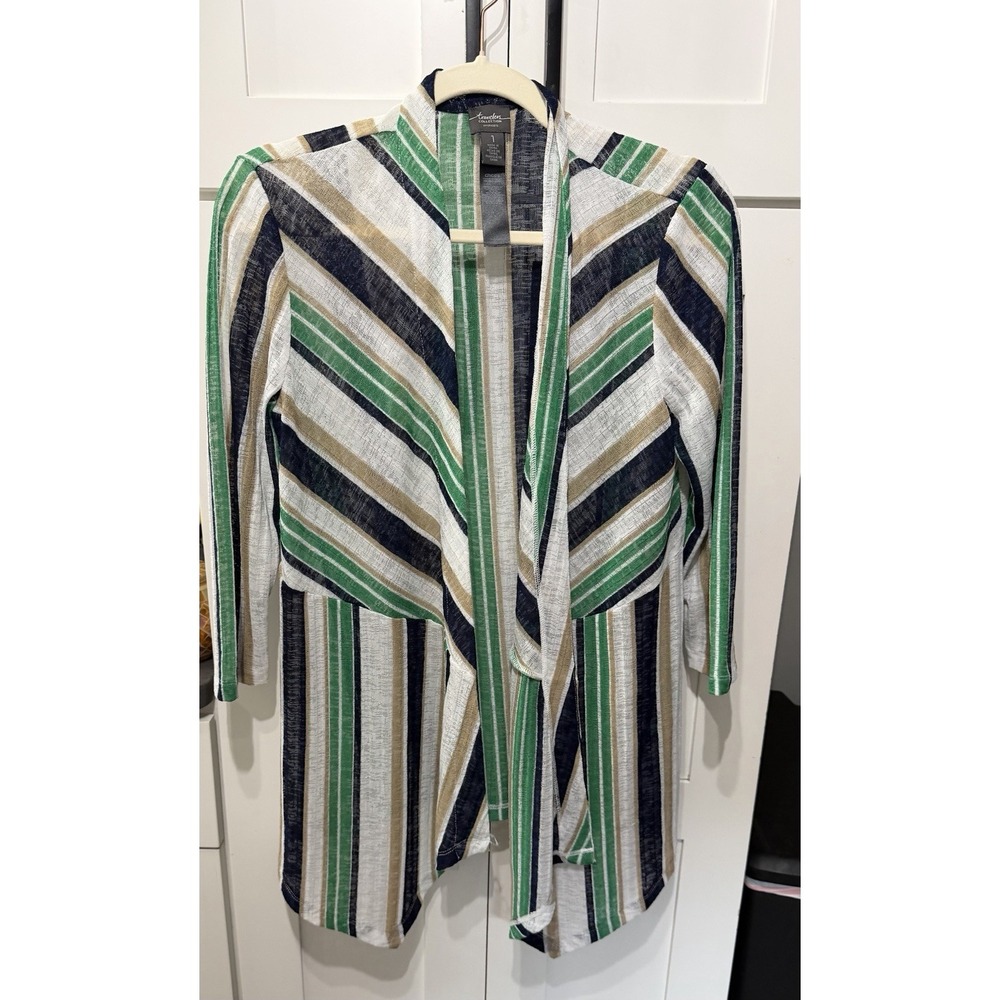 Chicos Travelers Open Cardigan Stripes Green Blue White Sz 1 Lightweight